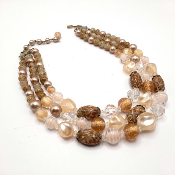 Vintage 1950s Coro Beige Beads Chess Crystal Three Strand Necklace - Picture 3 of 12